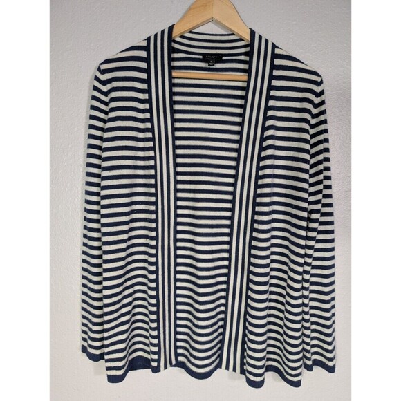 Talbots Navy Blue White Stripe Sz SP Open Cardigan Sweater Nautical Lambswool 91 - Picture 1 of 6